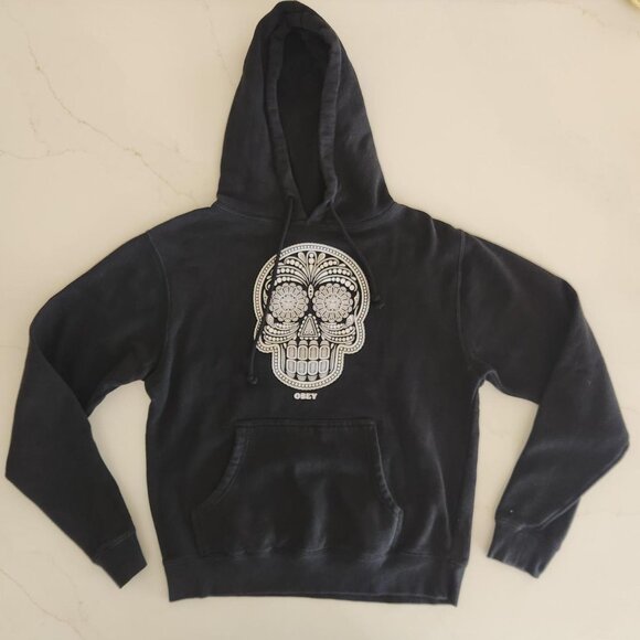 OBEY Sz M Black Skull Logo Hoodie Sweatshirt Pullover Grunge Goth Edgy Witchcore - Picture 4 of 10